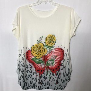 SI Rou Silk Womens Floral Top Ivory Gathered Tunic Sides Butterfly L/XL